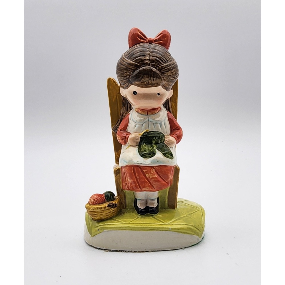 Joan Walsh Anglund 1972 Girl in Rocking Chair Knitting Porcelain Figurine 5" Tal